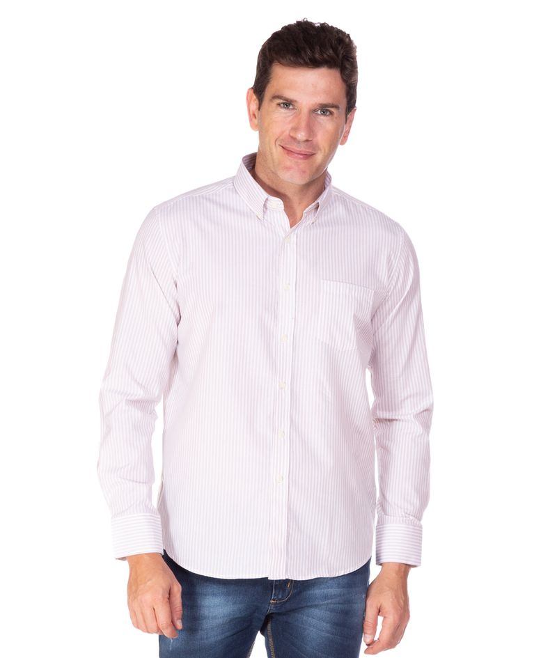 Homem vestindo camisa social masculina bege listrada manga longa | Camisaria Colombo
