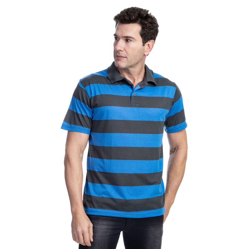 Homem vestindo camisa polo masculina azul e preta  listrada | Camisaria Colombo